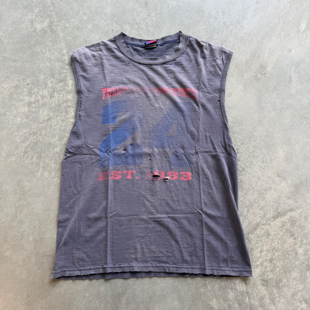 Vintage 24 Hour Fitness Muscle Tee Faded Distressed Sleeveless Gym Shirt Gray